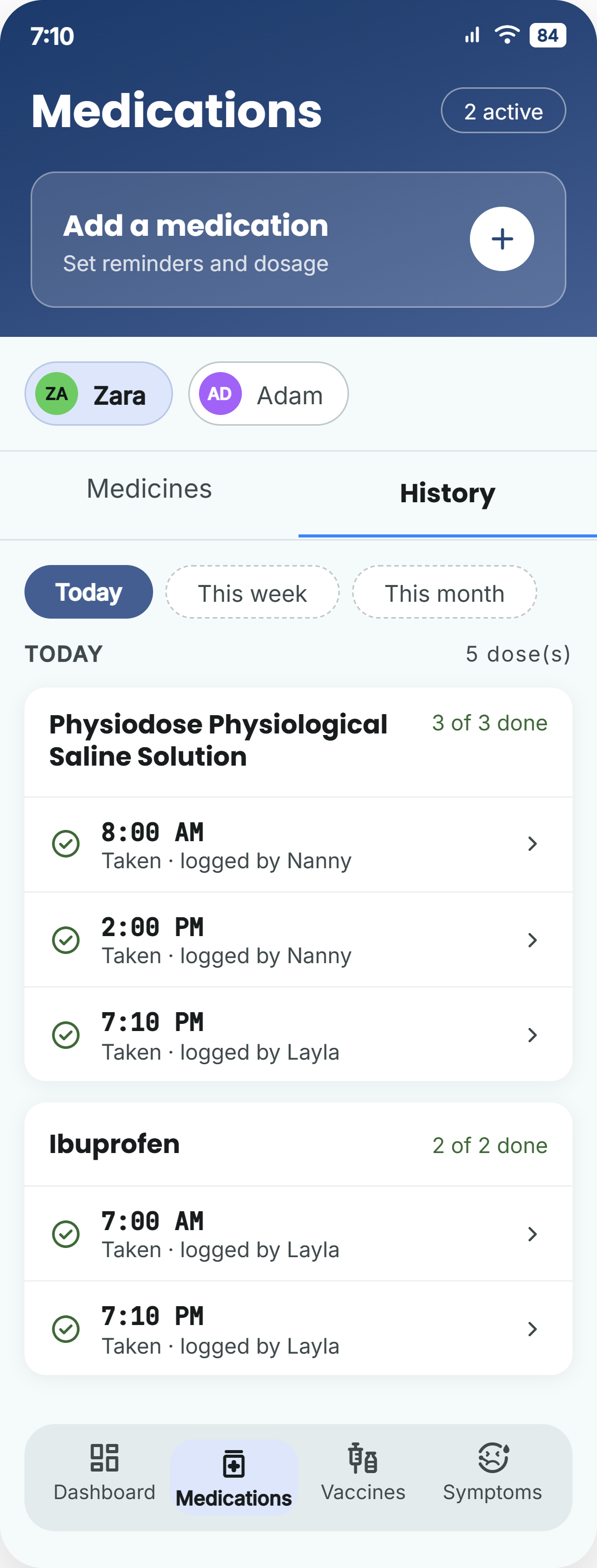 TotMediX medication history for a single day, showing five doses across two medicines, each marked taken and attributed to the caregiver who logged it, including the nanny