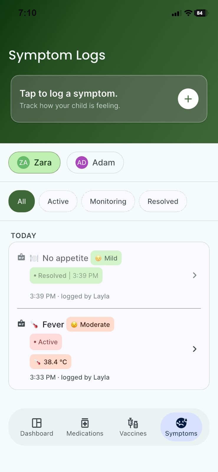 TotMediX symptom log list showing a resolved mild loss of appetite and an active moderate fever at 38.4 degrees, each stamped with the time and the caregiver who logged it